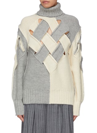 Main View - Click To Enlarge - THE KEIJI - Colourblock cutout lattice wool turtleneck sweater