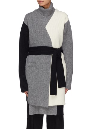 Main View - Click To Enlarge - THE KEIJI - Detachable turtleneck panel belted colourblock long cardigan