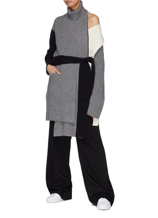Figure View - Click To Enlarge - THE KEIJI - Detachable turtleneck panel belted colourblock long cardigan