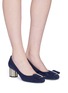 Figure View - Click To Enlarge - SALVATORE FERRAGAMO - 'Capua' metallic flower heel suede pumps