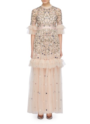 Main View - Click To Enlarge - NEEDLE & THREAD - 'Dusk' floral embroidered ruffle tiered tulle gown