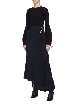 Figure View - Click To Enlarge - VICTORIA BECKHAM - Plissé pleated circle panel belted twill midi skirt