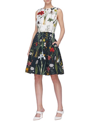 Figure View - Click To Enlarge - OSCAR DE LA RENTA - 'Flower Harvest' print belted colourblock cloqué dress
