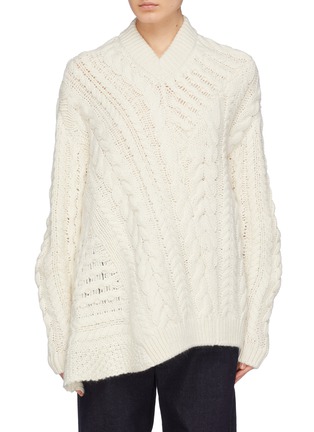 Main View - Click To Enlarge - STELLA MCCARTNEY - Asymmetric Aran knit oversized V-neck sweater