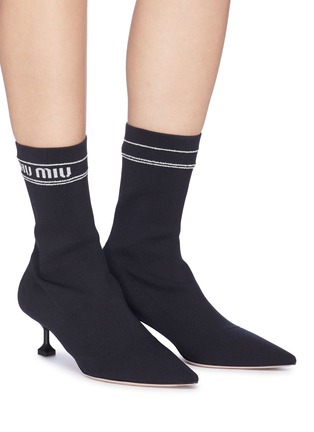 Figure View - Click To Enlarge - MIU MIU - Logo intarsia sock knit ankle boots