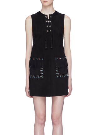 Main View - Click To Enlarge - MIU MIU - Lace-up front stud suede dress