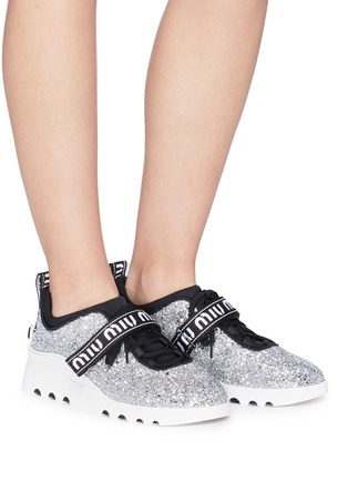Figure View - Click To Enlarge - MIU MIU - Logo strap glitter sneakers