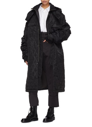 Figure View - Click To Enlarge - 10455 - Ruched sleeve hooded unisex down bomber coat