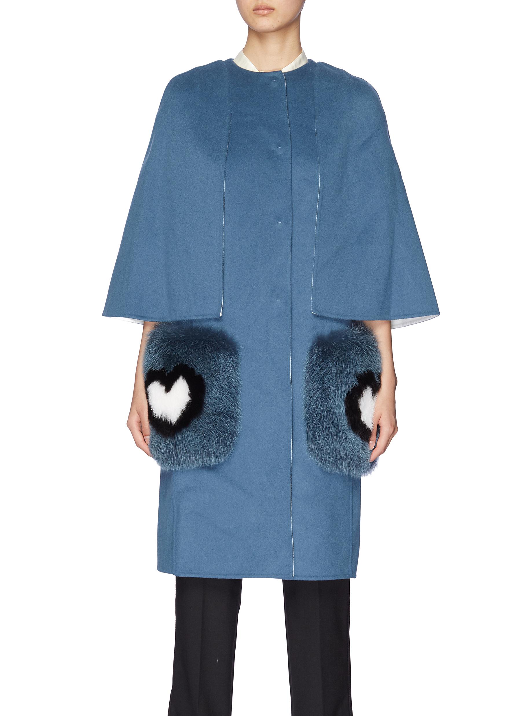 print fur pocket melton cape coat 