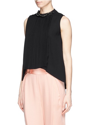 Front View - Click To Enlarge - MO&CO. EDITION 10 - Jewelled neck plissé pleat crepe top