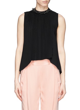 Main View - Click To Enlarge - MO&CO. EDITION 10 - Jewelled neck plissé pleat crepe top