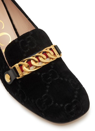 Detail View - Click To Enlarge - GUCCI - 'Sylvie' GG logo embroidered chain velvet loafer pumps