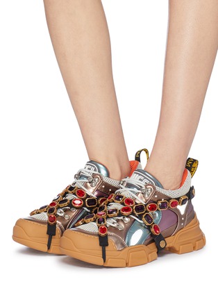 Figure View - Click To Enlarge - GUCCI - 'Flashtrek' glass crystal strap colourblock patchwork sneakers