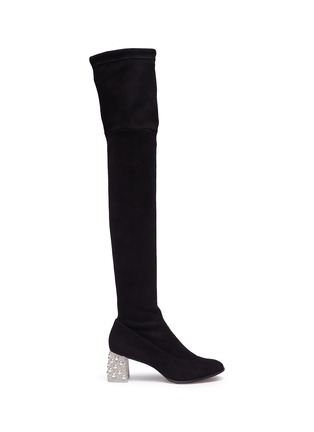 Main View - Click To Enlarge - SOPHIA WEBSTER - 'Suranne' embellished heel thigh high stretch suede boots