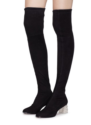 Figure View - Click To Enlarge - SOPHIA WEBSTER - 'Suranne' embellished heel thigh high stretch suede boots
