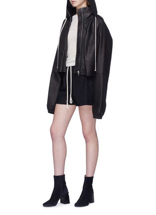 Figure View - Click To Enlarge - RICK OWENS  - Retractable hood cropped leather jacket