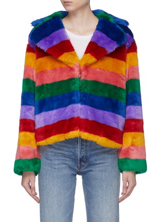 Main View - Click To Enlarge - ALICE & OLIVIA - 'Thora' rainbow stripe faux fur oversized coat