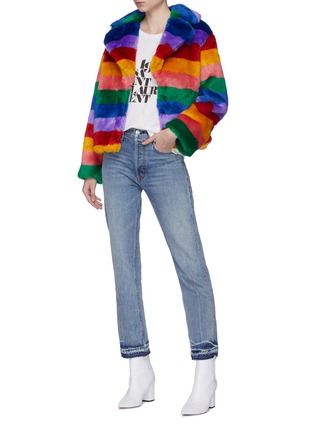 Figure View - Click To Enlarge - ALICE & OLIVIA - 'Thora' rainbow stripe faux fur oversized coat