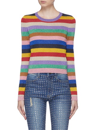 Main View - Click To Enlarge - ALICE & OLIVIA - 'Rhodes' metallic rainbow stripe long sleeve cropped top