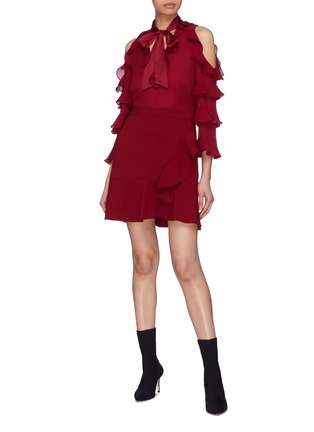 Figure View - Click To Enlarge - ALICE & OLIVIA - 'Gia' ruffle sleeve silk cold shoulder pussybow blouse