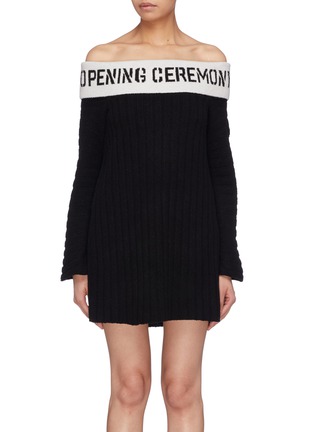 Main View - Click To Enlarge - OPENING CEREMONY - Logo foldover collar rib knit off-shoulder dress