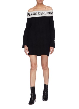 Figure View - Click To Enlarge - OPENING CEREMONY - Logo foldover collar rib knit off-shoulder dress