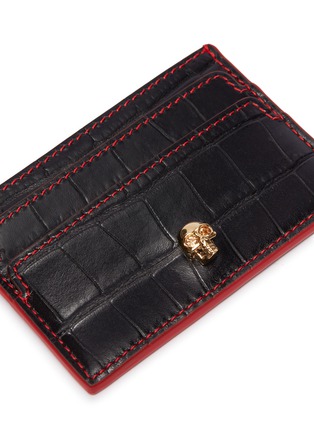 Detail View - Click To Enlarge - ALEXANDER MCQUEEN - Contrast topstitching skull croc embossed leather card holder