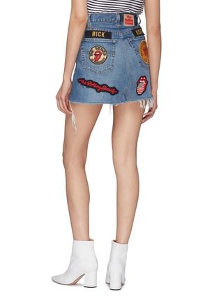 Back View - Click To Enlarge - MADEWORN - 'The Rolling Stones' mix graphic appliqué frayed denim skirt