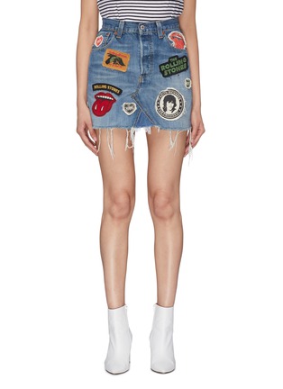 Main View - Click To Enlarge - MADEWORN - 'The Rolling Stones' mix graphic appliqué frayed denim skirt