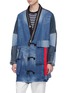 Detail View - Click To Enlarge - YVES DELORME - Zip lapel patchwork unisex denim kimono coat