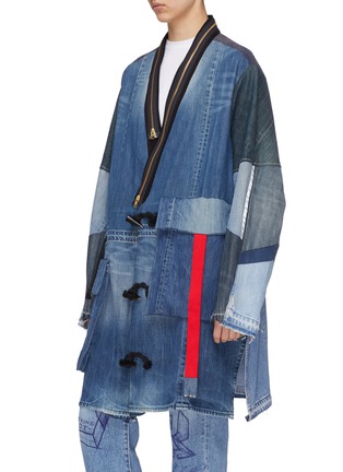Front View - Click To Enlarge - YVES DELORME - Zip lapel patchwork unisex denim kimono coat