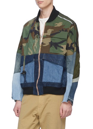 Detail View - Click To Enlarge - YVES DELORME - Camouflage print twill panel unisex denim bomber jacket