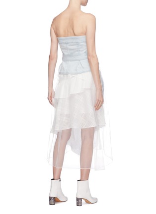 Back View - Click To Enlarge - 10015 - Belted denim strapless bustier mesh dress
