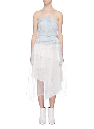 Main View - Click To Enlarge - 10015 - Belted denim strapless bustier mesh dress
