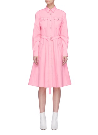 Main View - Click To Enlarge - CÉDRIC CHARLIER - Belted contrast topstitching shirt dress