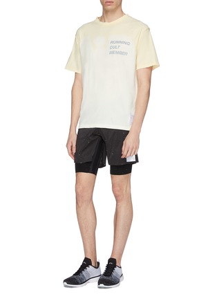 Figure View - Click To Enlarge - SATISFY - 'Trail Long Distance' reflective slogan print layered paint splatter running shorts