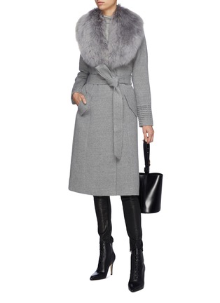 Figure View - Click To Enlarge - SENTALER - Detachable fur collar belted ribbed cuff melton wrap coat