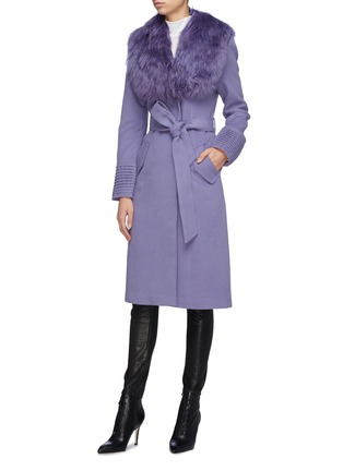 Figure View - Click To Enlarge - SENTALER - Detachable fur collar belted ribbed cuff melton wrap coat