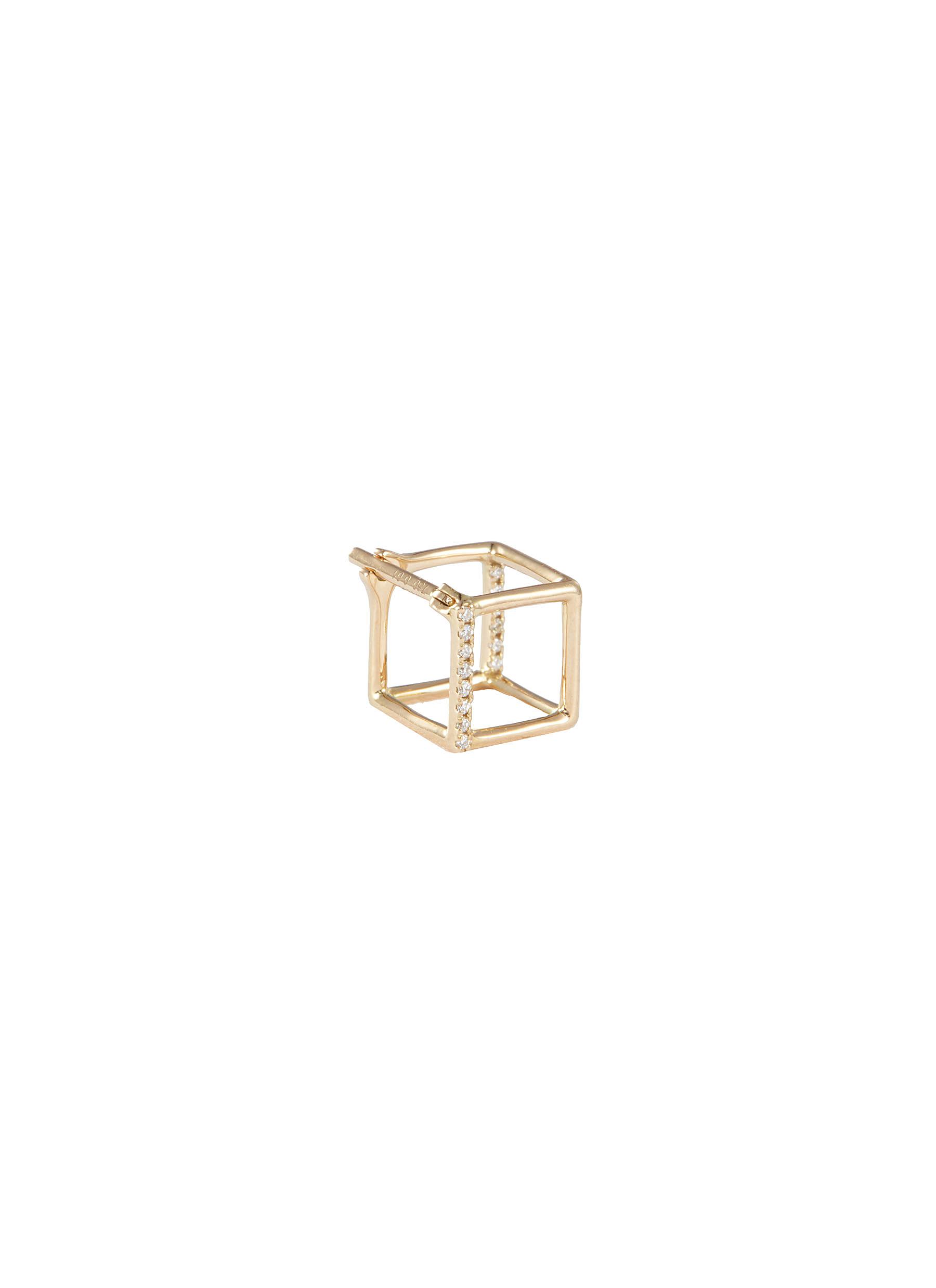 'Square' diamond 18k yellow gold cube single earring - 7mm