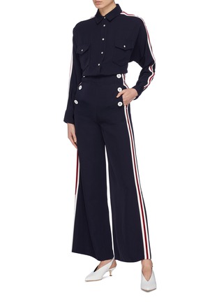 Figure View - Click To Enlarge - COMME MOI - Stripe outseam button twill wide leg pants