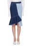 Main View - Click To Enlarge - COMME MOI - Contrast topstitching ruffle drape patchwork denim skirt