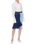 Figure View - Click To Enlarge - COMME MOI - Contrast topstitching ruffle drape patchwork denim skirt