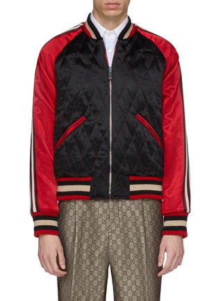 Main View - Click To Enlarge - GUCCI - Reversible logo stripe sleeve colourblock quilted bomber jacket