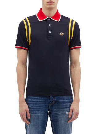 Main View - Click To Enlarge - GUCCI - Bee appliqué stripe trim polo shirt
