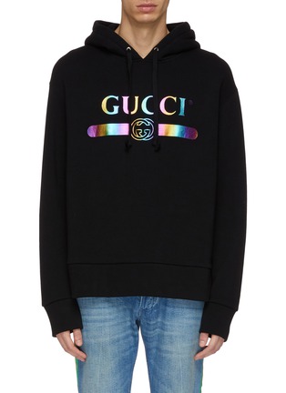 Main View - Click To Enlarge - GUCCI - Holographic effect logo print oversized hoodie