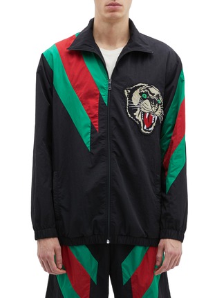 Main View - Click To Enlarge - GUCCI - Web stripe panther appliqué track jacket