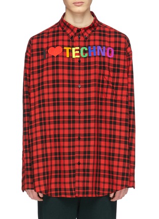 Main View - Click To Enlarge - BALENCIAGA - 'I Love Techno' slogan embroidered tartan plaid shirt