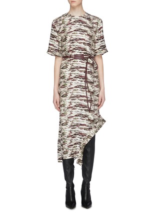 Main View - Click To Enlarge - VICTORIA BECKHAM - Belted curved hem camouflage jacquard silk knit dress