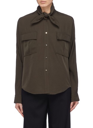 Main View - Click To Enlarge - COMME MOI - Tie neck chest pocket twill shirt