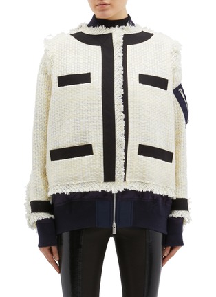 Main View - Click To Enlarge - SACAI - Contrast trim frayed tweed bomber jacket